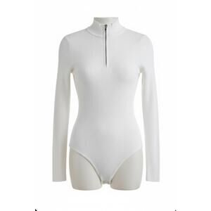 Abercrombie & Fitch White Ribbed Long Sleeve Zipper Bodysuit Size L